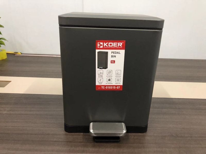 Мусорное ведро с плавным закрытием прямоугольное Koer TC-010315-07 15 л цвет графит (KR5604) KR5604 фото