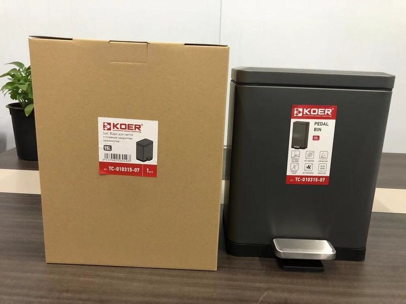 Мусорное ведро с плавным закрытием прямоугольное Koer TC-010315-07 15 л цвет графит (KR5604) KR5604 фото