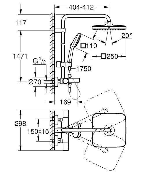 Душевая система настенного монтажа с термостатом для ванны Grohe Tempesta System 250 Cube (26691001) 26691001 фото