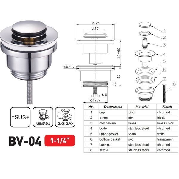Донный клапан для раковины Zerix BV-04 1 1/4'' универсальный (с/без перл) СLICK-СLACK (Цвет хром) (ZX6021) ZX6021 фото