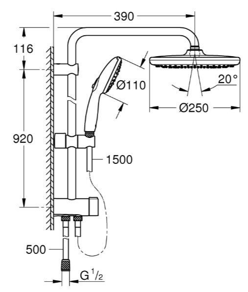 Душова система Flex із перемикачем настінного монтажу Grohe Tempesta System 250 (26675001) 26675001 фото