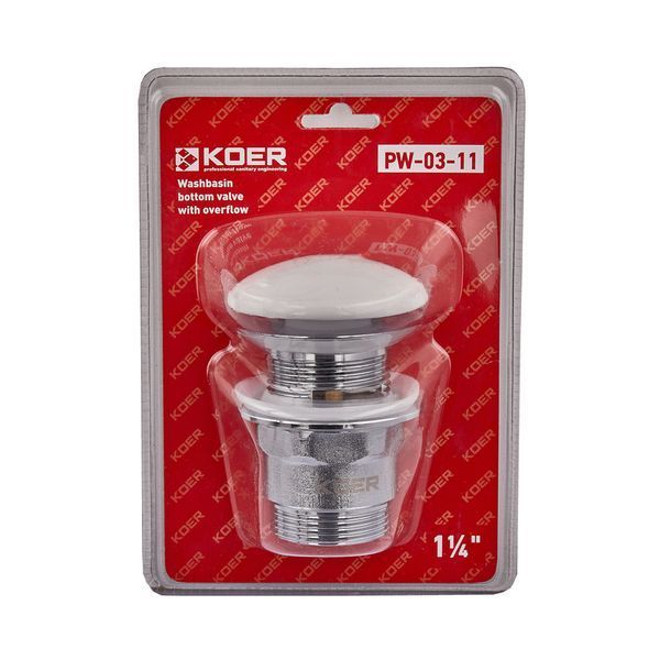 Донний клапан для раковини з переливом Koer PW-03-11 автоматичний (Click-Clack) (Біла керамічна накладка) 1 1/4'' (KR3397) KR3397 фото