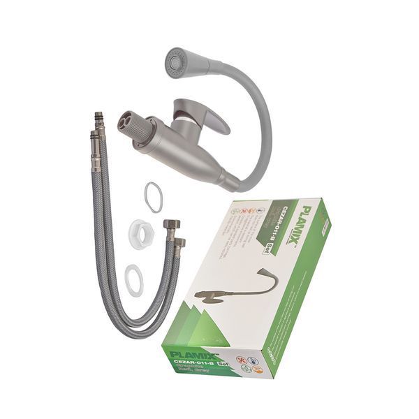 Смеситель для кухни PLAMIX CEZAR-011-B SET GRAPHITE REFL.GRAY с силиконовым изливом, с подводом (PM0720) PM0720 фото
