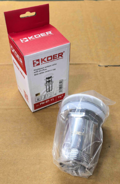 Донний клапан для раковини Koer PW-07-11 1 1/4'' з переливом автоматичний СLICK-СLACK (Біла керам.накл.) (KR5784) KR5784 фото