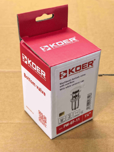 Донний клапан для раковини Koer PW-07-11 1 1/4'' з переливом автоматичний СLICK-СLACK (Біла керам.накл.) (KR5784) KR5784 фото