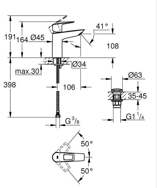 Однорычажный смеситель для раковины M-Size Grohe BauLoop New с нажимным донным клапаном (23886001) 23886001 фото