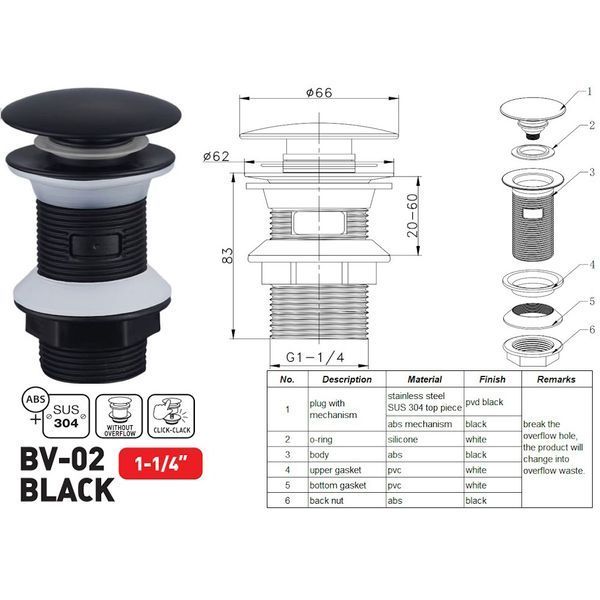 Донний клапан для раковини Zerix BV-02 BLACK 1 1/4'' без переливу автоматичний СLICK-СLACK (Колір чорний) (ZX6018) ZX6018 фото