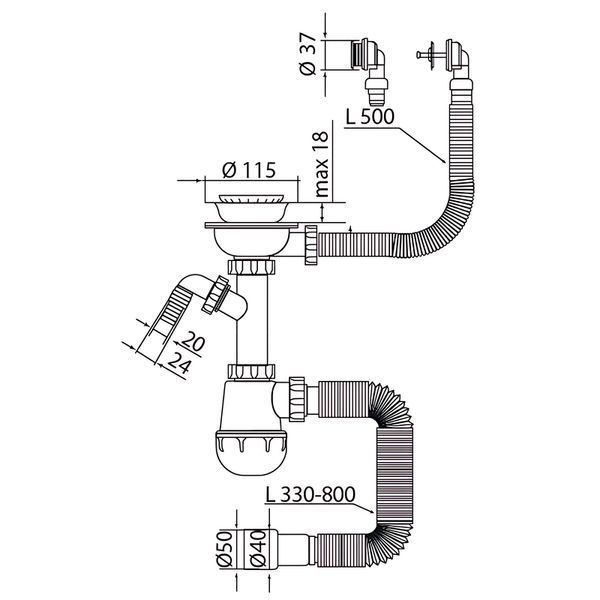 Сифон для кухни Mixxus SK-07-B 3 1/2"x40 с нерж.сеткой, отводом для стиральной машины, гибким круг. переливом (MI8199) MI8199 фото