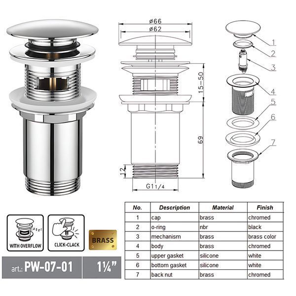 Донный клапан для раковины Koer PW-07-01 1 1/4'' с переливом автоматический СLICK-СLACK (Цвет хром) (KR5782) KR5782 фото