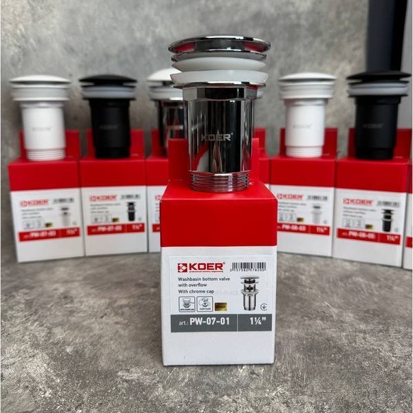 Донный клапан для раковины Koer PW-07-01 1 1/4'' с переливом автоматический СLICK-СLACK (Цвет хром) (KR5782) KR5782 фото